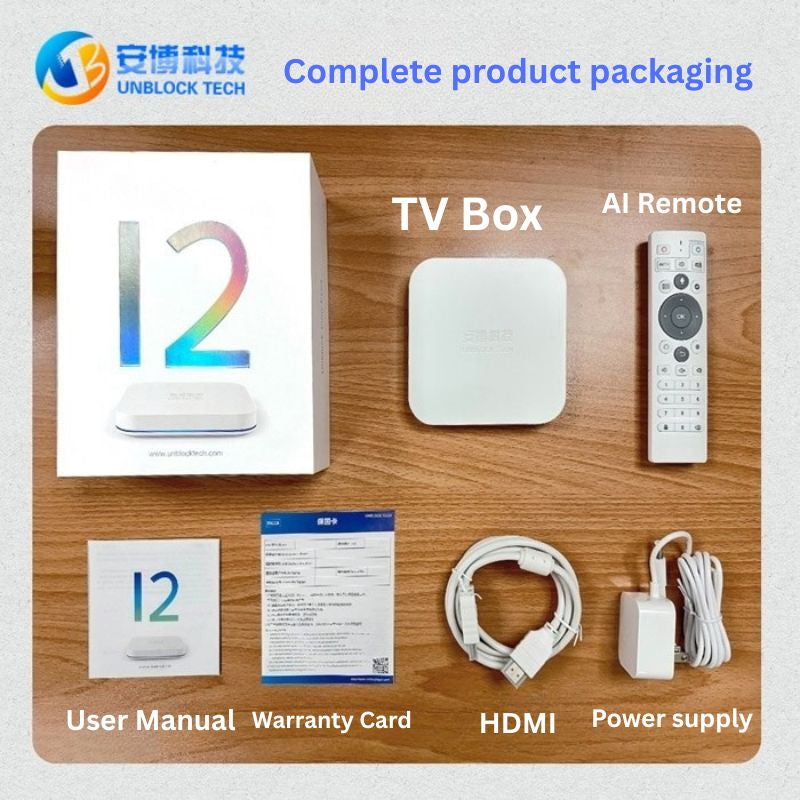 Unblock Tech TV Box UBOX12 complete product packaging and accessories
