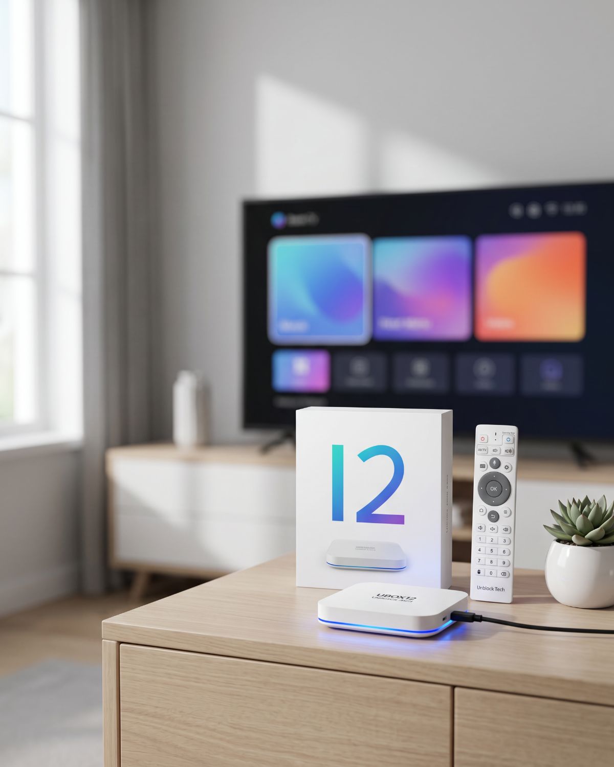 UnblockTech UBOX12 Pro product image in a modern home entertainment setup